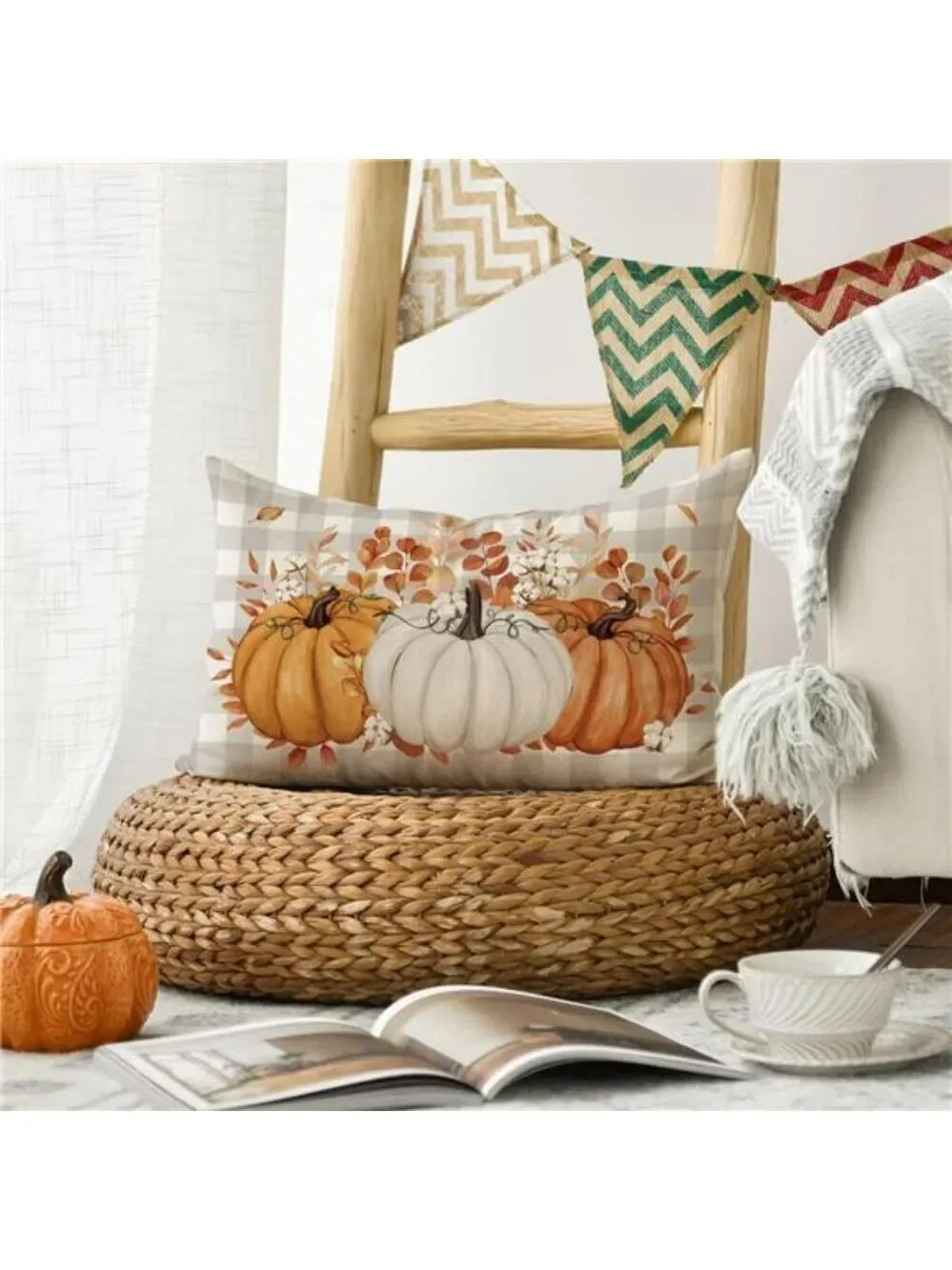 Pumpkin Buffalo Plaid Fall Throw Pillow Cover 12x20 Autumn Thanksgiving Decor